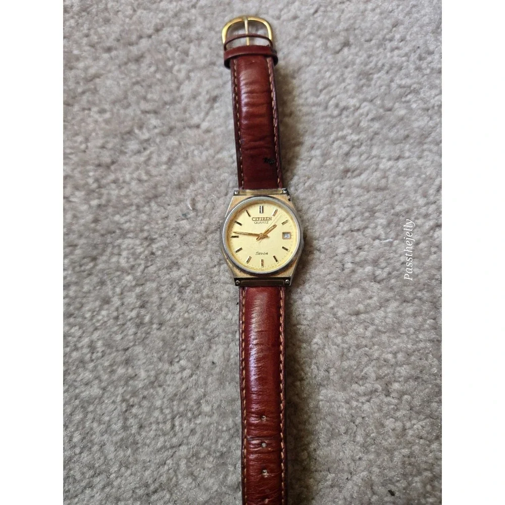 Citizen Seven Watch Mens Gold Tone Champagne Dial Date Quartz Dress Watch vtg
